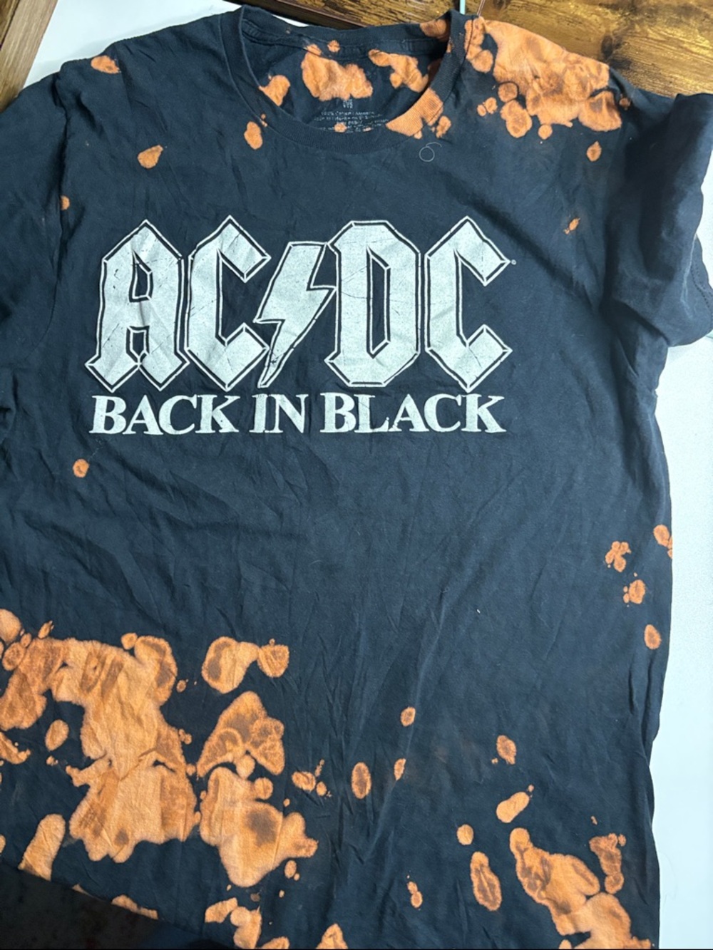 AC/DC Black Tee with Orange Bleach Splatter